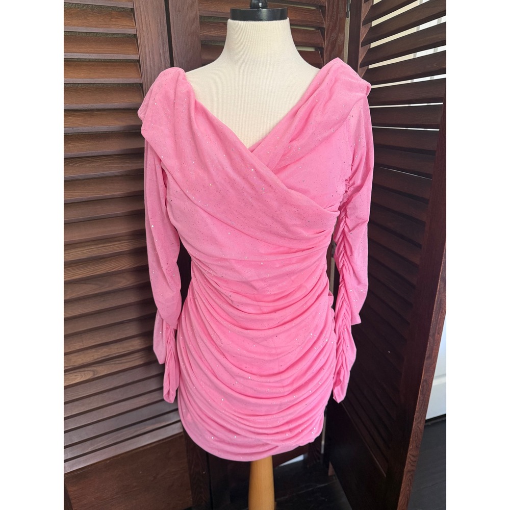 SHEIN Pink Glitter Mesh Ruched Bodycon Mini Dress Long Sleeve Wrap Front XL